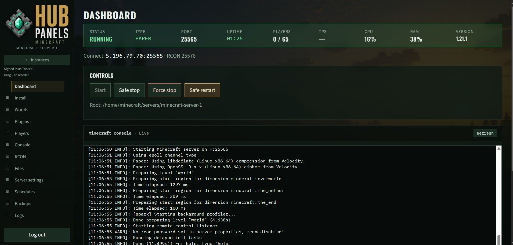 Minecraft Panel dashboard with status, controls, and console