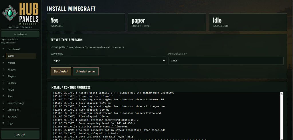 Minecraft Panel install page