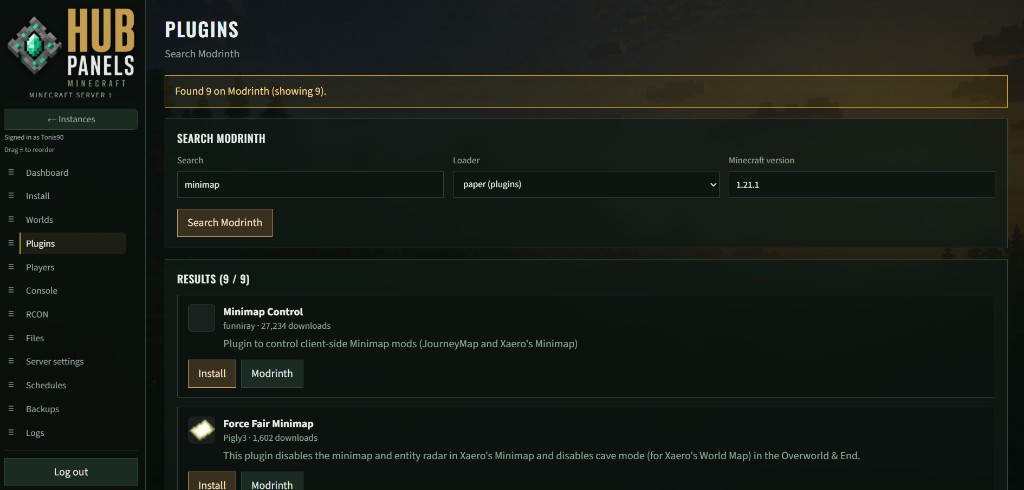 Minecraft Panel plugins