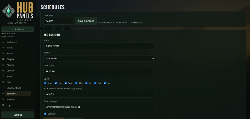 Minecraft Panel schedules