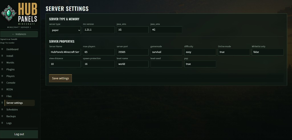 Minecraft Panel settings